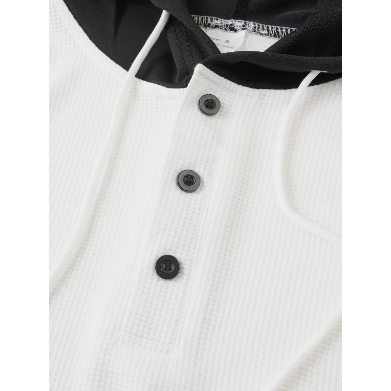 Men's Waffle Knit Color Block Hooded Drawstring Button Short Sleeve T-Shirt.