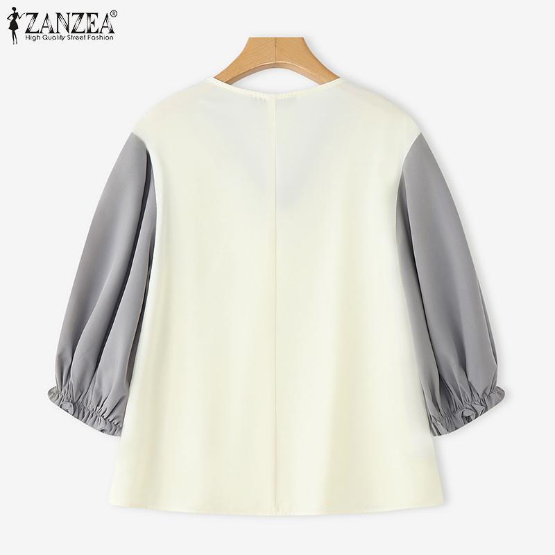 ZANZEA Women Casual V-Neck Splice 3/4 Sleeve Loose Blouse