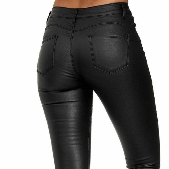 Women Pants Faux Leather Slim Casual Solid Color High Waist Elastic Small Feet Pants for Club