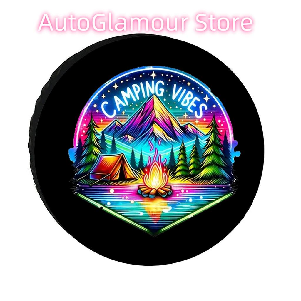 Colorful Mountain and Forest Camping Vibes Spare Tire Cover, Universal Fit Wheel Protector for Trailers, RVs, Off-Road Vehicles,