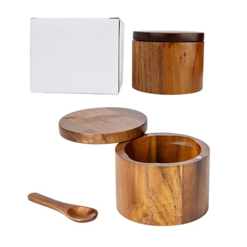 Salt Cellar Box, Wooden Salt Pot, Salt Container with Rotating Lid - Built-in Spoon Pot for Sugar, Kitchen Wooden Jar, Home Salt Cellar for Home, Cafe
