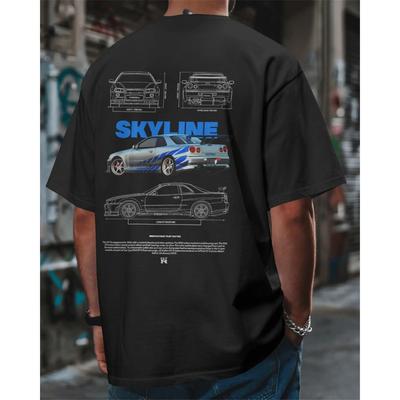 R34 GTR Fan Art T‑Shirt Skyline JDM Drift Car Graphic Unisex Tee Short Sleeve Casual Cotton Fashion Oversized Y2k Brand Female Male Clothing