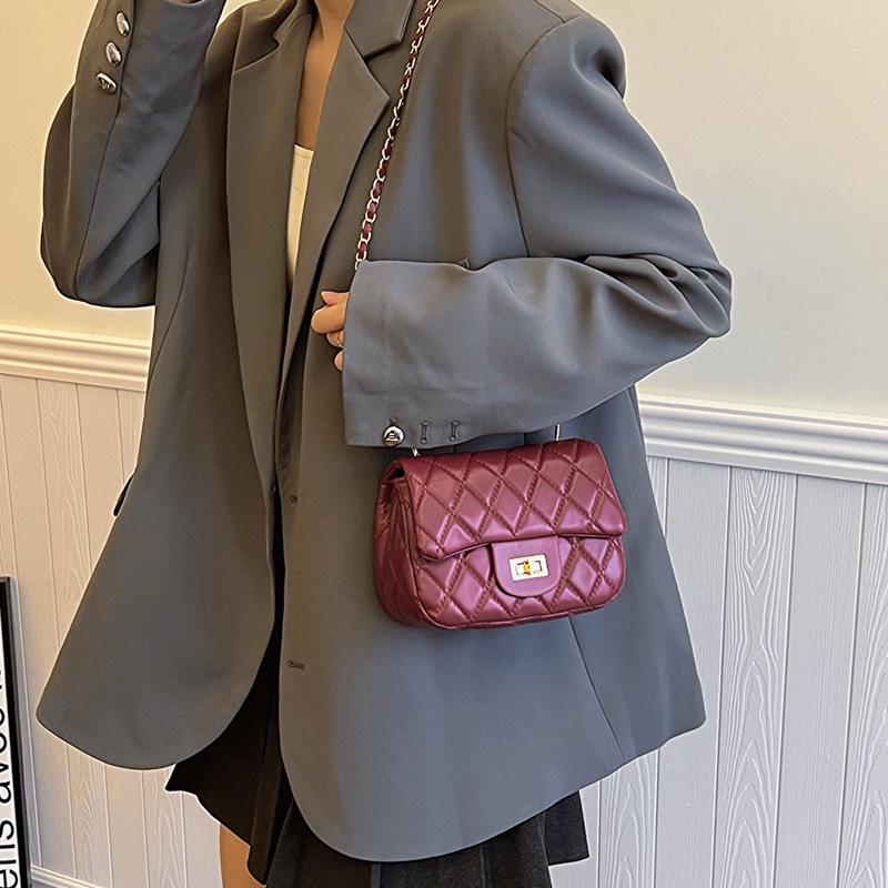2024 Spring Women's Argyle Chain Crossbody Bag - High-End Fashion with Little Golden Ball Accent