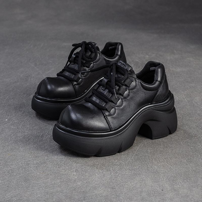 Johnature Genuine Leather Thick Soled High Heel Pumps Versatile Retro Round Toe Lace-up Women's Platform Shoes