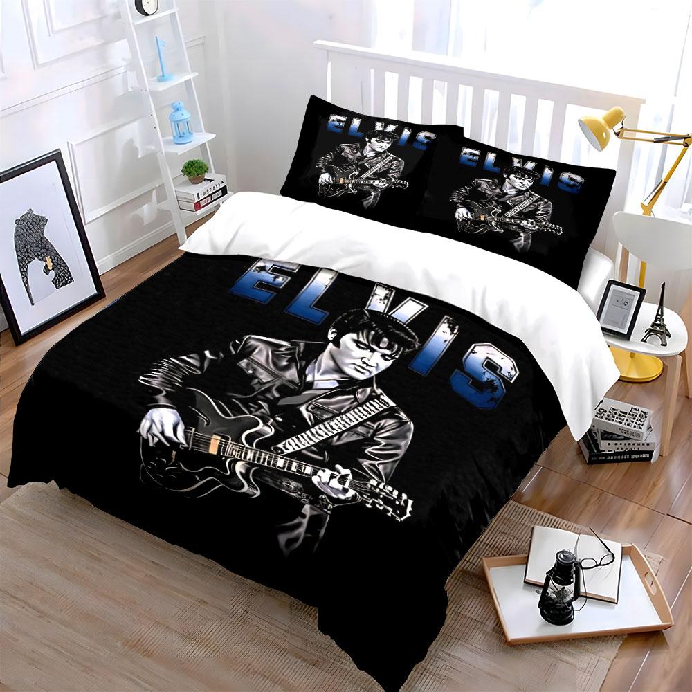 Guitarist in Black Leather with "Elvis" Print Bedding Set Duvet Cover Pillowcases (1* Duvet Cover 2* Pillowcases Do Not Include Comforter)