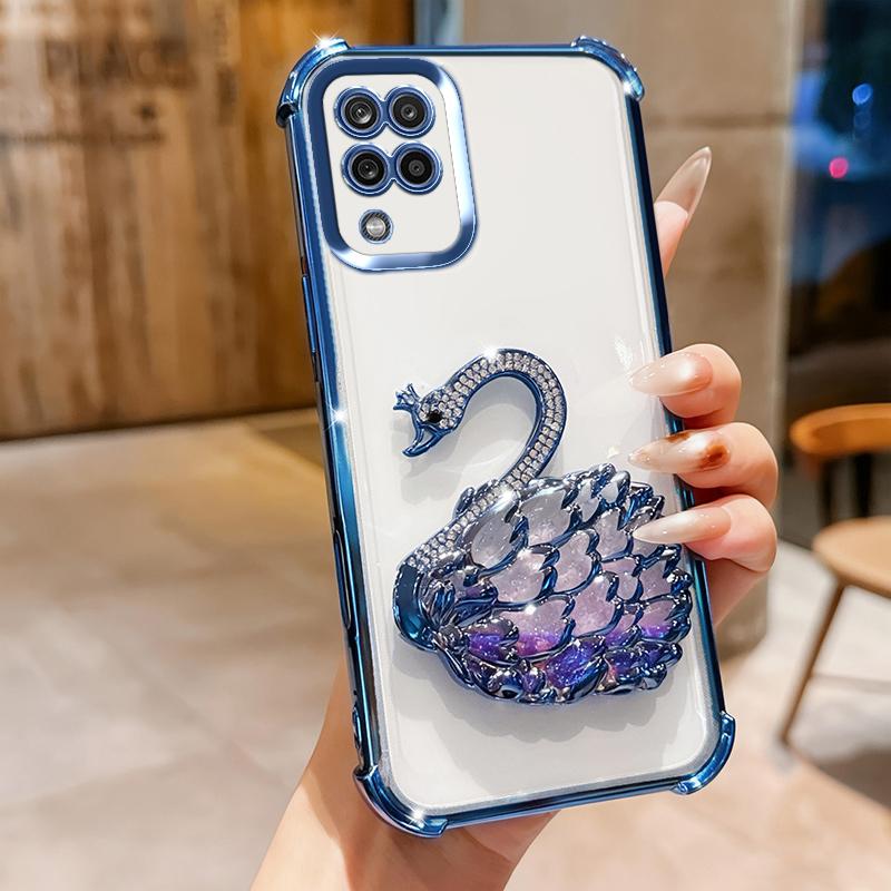 KEYSION Shockproof Plating Phone Case for Samsung A12 A22 4G Clear Soft TPU Glitter Jewelled Swan kickstand Back Cover for Galaxy M12