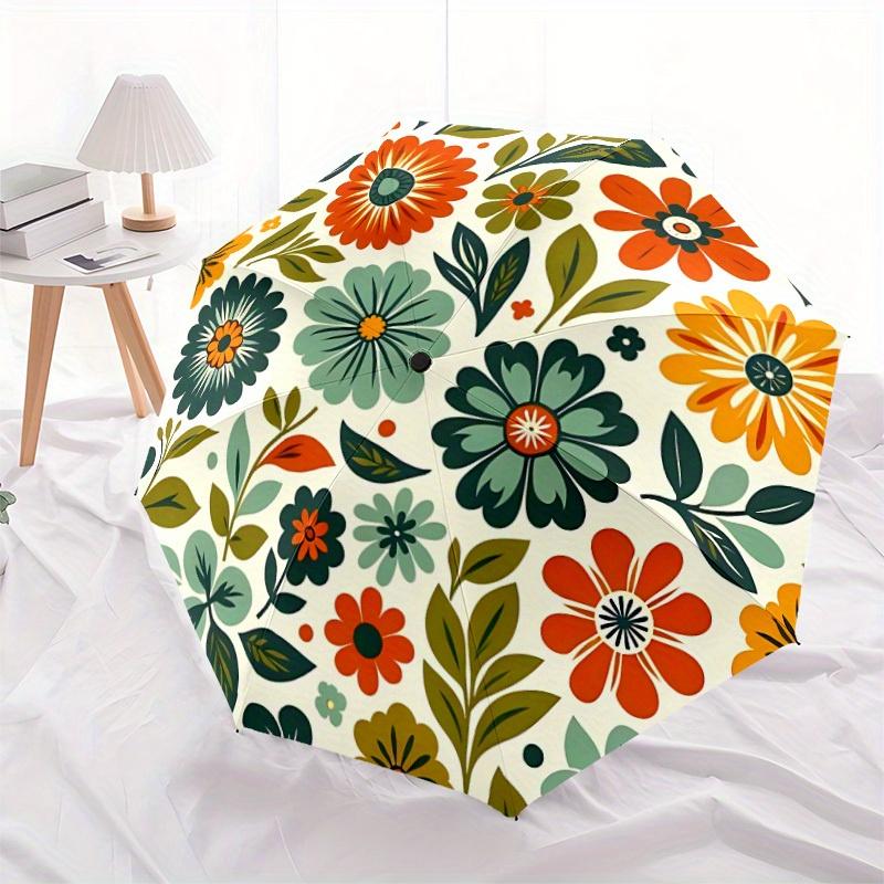 1pc Floral Pattern Automatic Folding Umbrella, 8-Rib Sturdy Canopy, Portable Travel Umbrella for Outdoor Use
