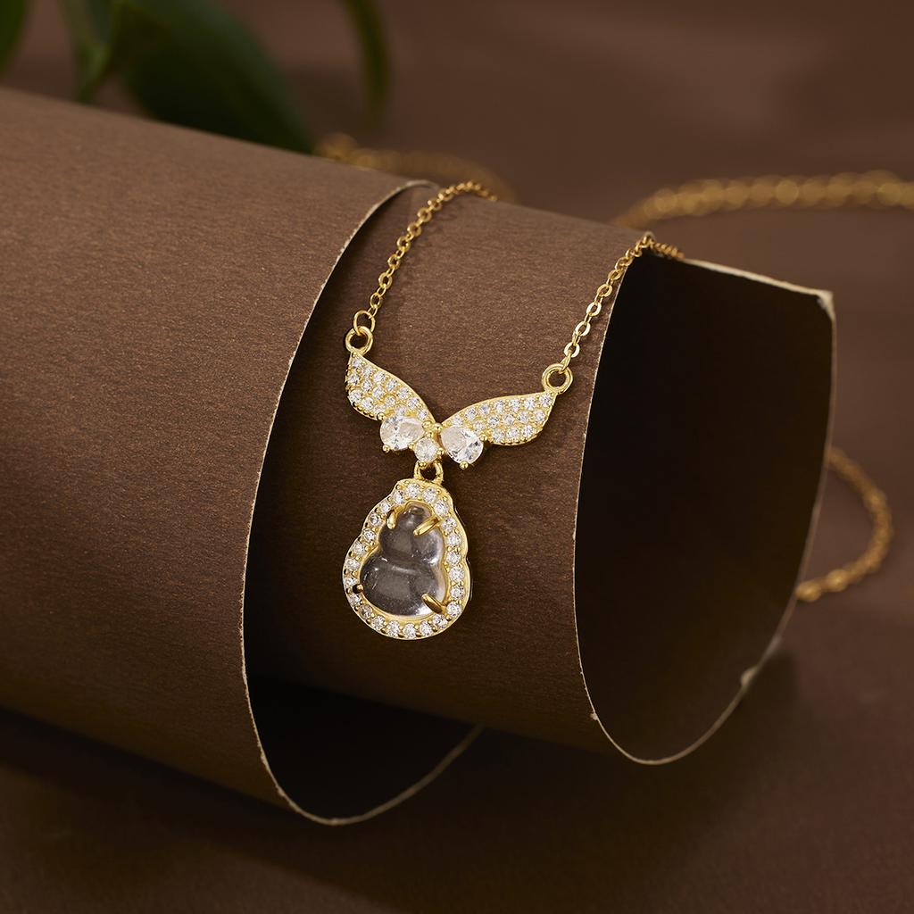 S925 Sterling Silber eingelegte Quarzit Jade Engelsflügel Halskette Damen Licht Luxus Kürbis Anhänger Temperament Schlüsselbein Kette