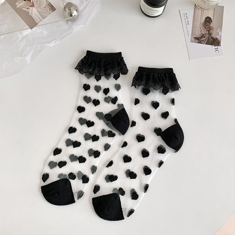 Damen Socken Japanische Lolitas Spitze Rüschen Verspielte Socken Niedliche Prinzessin Knöchelsocken Kristallglas Seide Transparent Socke