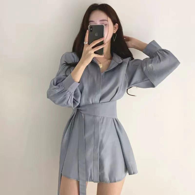 French-Inspired Lantern Sleeve White Shirt Dress for Women - Waist-Cinching, Mid-Length, Perfect for Spring and Autumn.