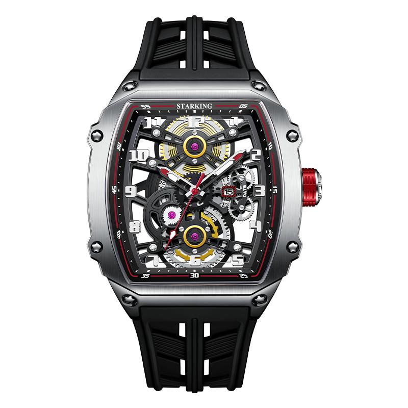 STARKING MIYOTA 6T15 Automatic Mechanical Watch Skeleton Dial Silicone Band Waterproof Luminous Tonneau Design Men's Wristwatch