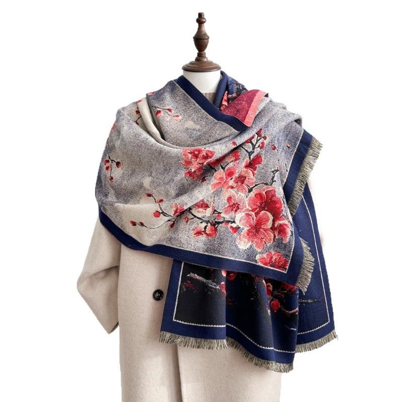 Scarf Women's winter plum blossom scarf Warm and thickened retro shawl with new fashionable high-end scarf
