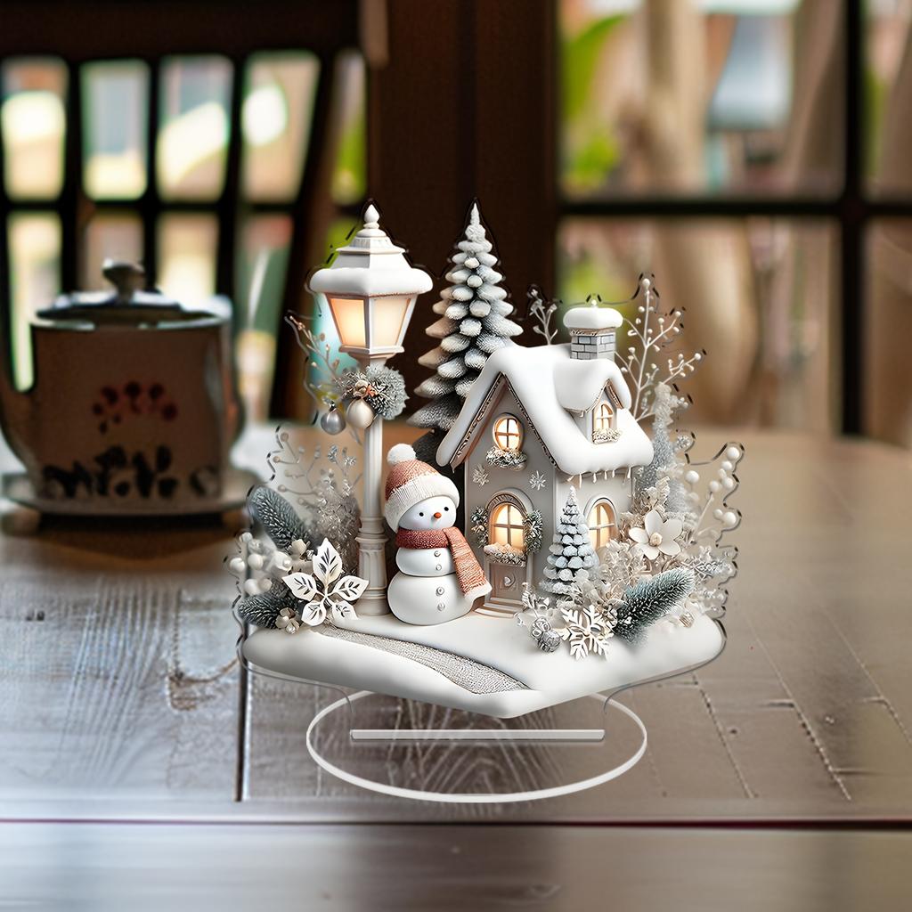 2D White Snow Scenery Christmas House Tree Acrylic Ornaments Base-Mounted Tabletop Home Office Attractive Festival Decor Gifts