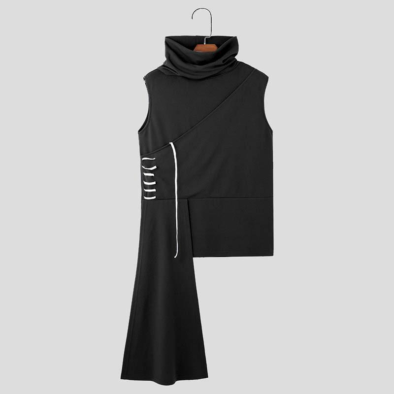 INCERUN Men High Cowl Neck Irregular Stitching Sleeveless T-shirt Casual Ruffled Tops