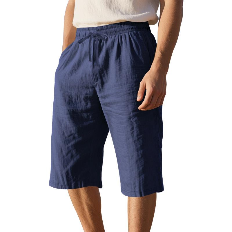 Summer Men's Loose Simple Solid Color Casual Linen Breathable Sports Beach 7-point Shorts