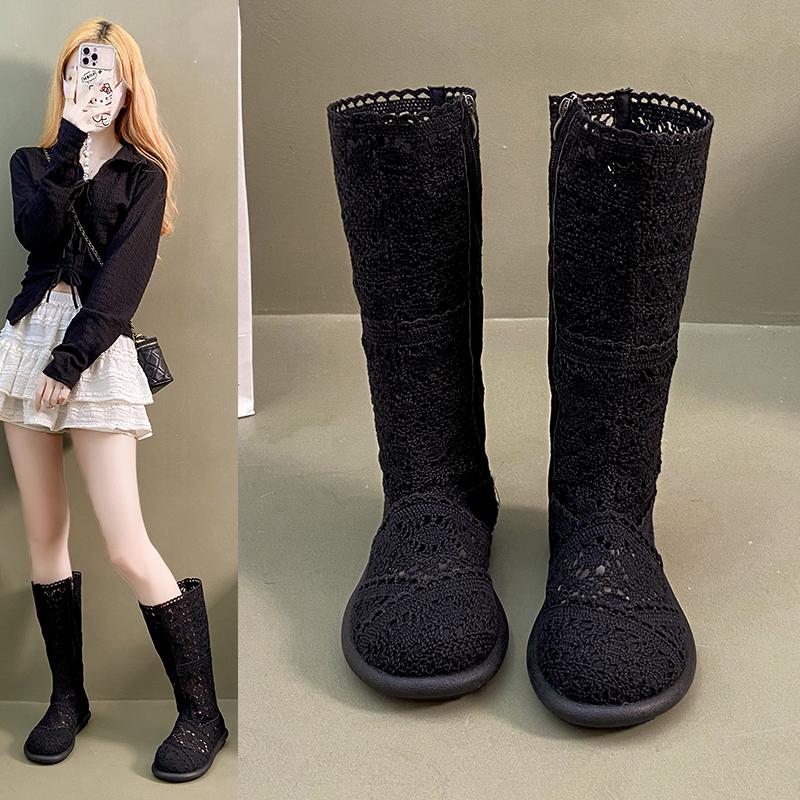 Mode 2025 hohle Stiefel atmungsaktive Schuhe Mode Mesh Stricklinie hoch bis zum Knie hoher Schaft Damenstiefel Damenschuhe