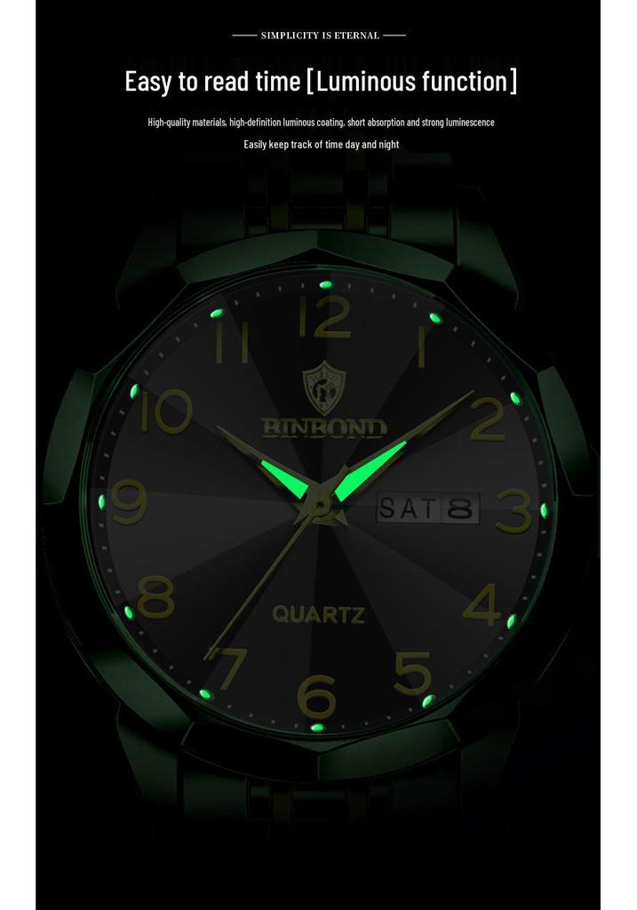Genuine Men's Waterproof Korean-Style Luminous Quartz Watch with Double Calendar