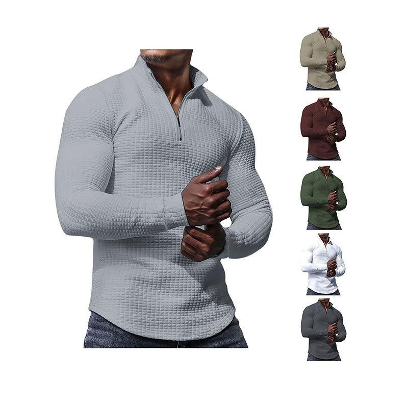 Men's Spring and Autumn Small Checkered Sweater Stand-up Collar Half-section Zipper Long-sleeved Jacquard Men's Tops Are Trendy and Versatile