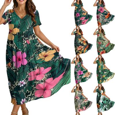 Women Casual Loose Bohemian Floral Dress Short Sleeve Long Maxi Summer Beach Swing Dress