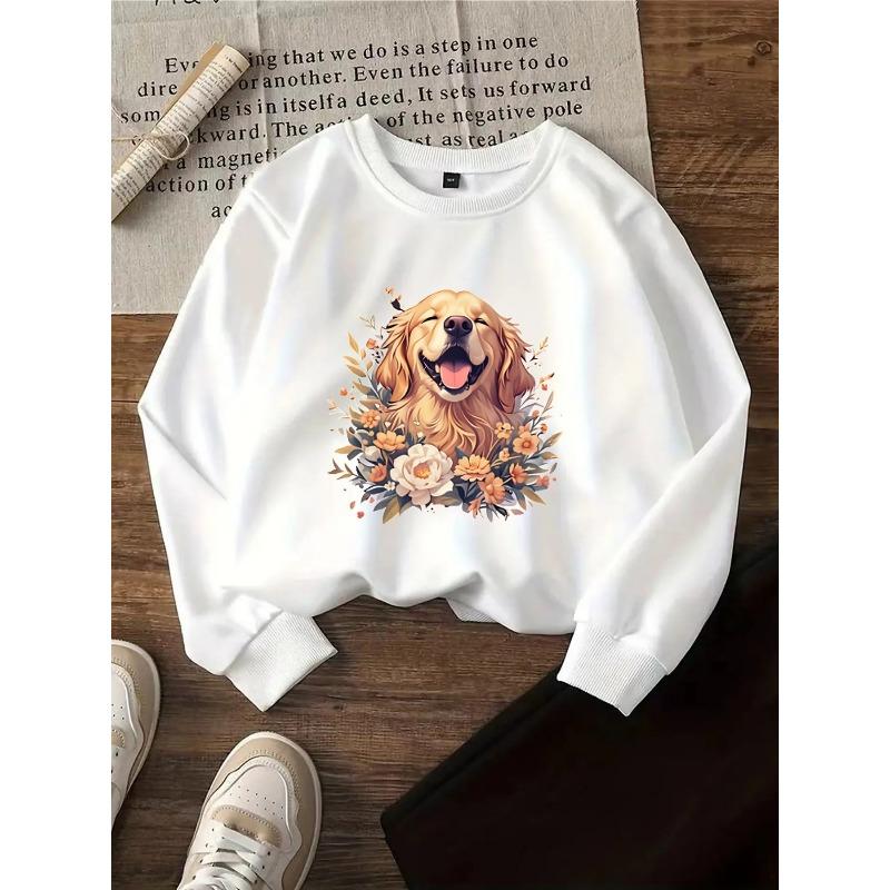 Kids Sweatshirt, Round Neck Featuring a Floral Portrait of a Golden Retriever,Machine Washable, Spring And Autumn, for Sports And Casual Outings, Soft