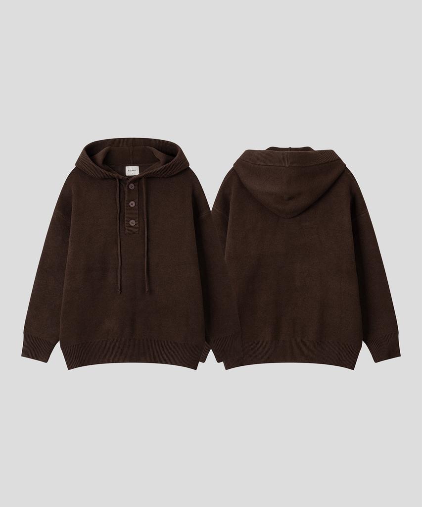 BLACK MOMENT Soft Touch Henley Neck Hooded Knit [Brown]