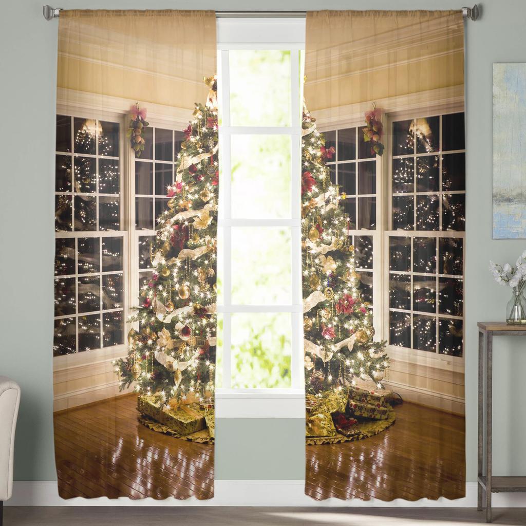 Christmas Tree Lights Christmas Theme Tulle Curtains For Living Room Decoration Modern Chiffon Sheer Voile Christmas Curtains