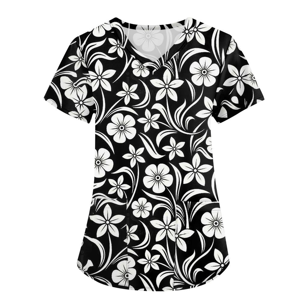 Damen Modisches bedrucktes kurzärmliges Oberteil mit V-Ausschnitt und kleiner Tasche für die Arbeit