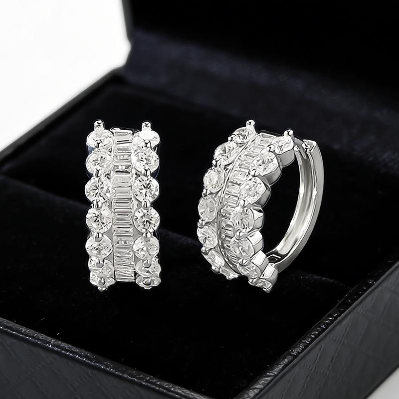 Luoxi Temple 2026 S925 Sterling Silver Zircon Square Diamond Row Earrings with Ear Cuffs - Elegant High-End Design 925 Sterling Silver