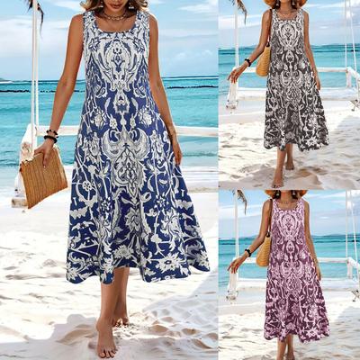 Bohemian Floral Maxi Dress - Round Neck Sleeveless Resort