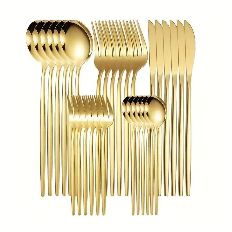 Set tacâmuri din oțel inoxidabil Portugal Gold, 24 de piese: Cuțit de Steak, Furculiță, Lingură de Hotel în Cutie Cadou