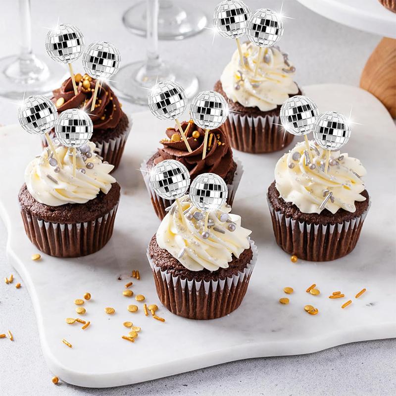 12/24Pcs Mirror Ball Cake Decoration Silver Disco Ball Cupcake Toppers 70s Disco Dance Party Wedding Birthday Decor Supplies
