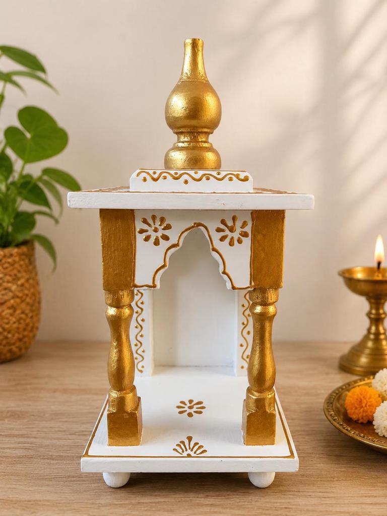 Holztempel für Zuhause | Weiß & Gold Mini Pooja Mandir I Handgefertigter Gebetsschrein
