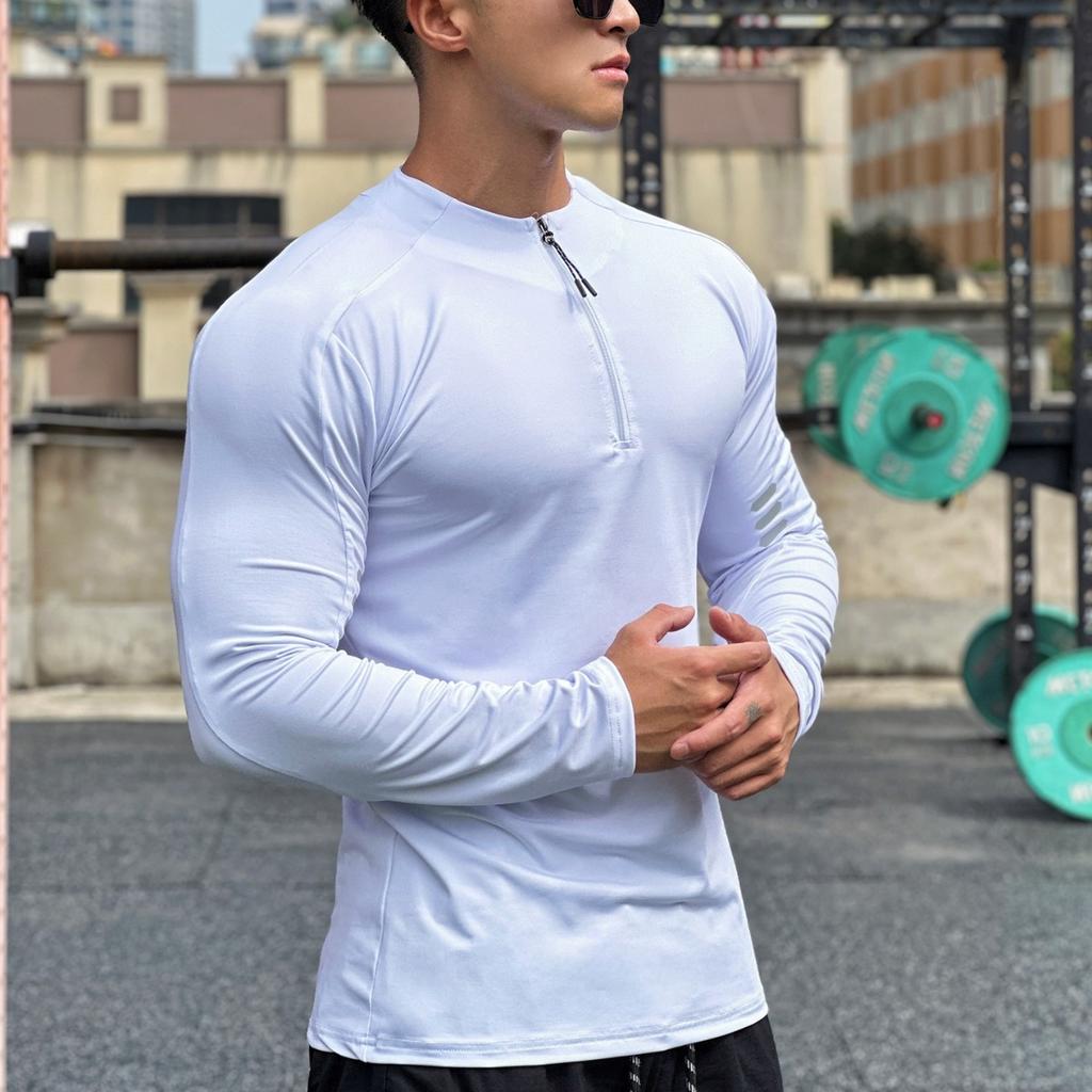 Men’s Long Sleeve Breathable Sports T-shirt Running Cycling Athletic Training Basketball Crew Neck Zipper Top