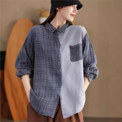 Woman Autumn Vintage Check Urn Down Collar Shirt Matching Single Breasted Long Sleeves Shirt