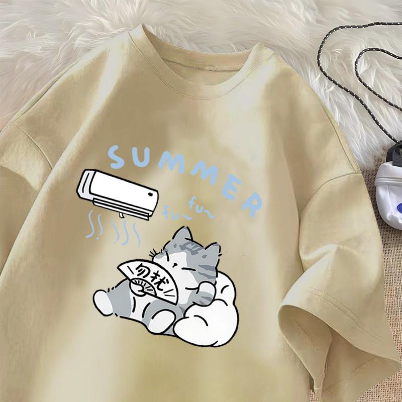 Summer Cat T Shirt for Men Women American Street Creative Funny Air Conditioner Cat T-shirts Cotton O Neck Tee Shirt Streetwear