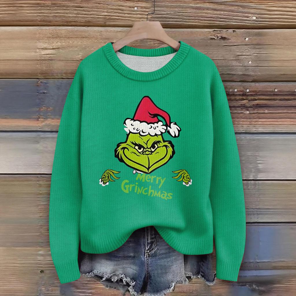 Women's Christmas Print Cardigan Long Sleeve Round Neck Knit Top