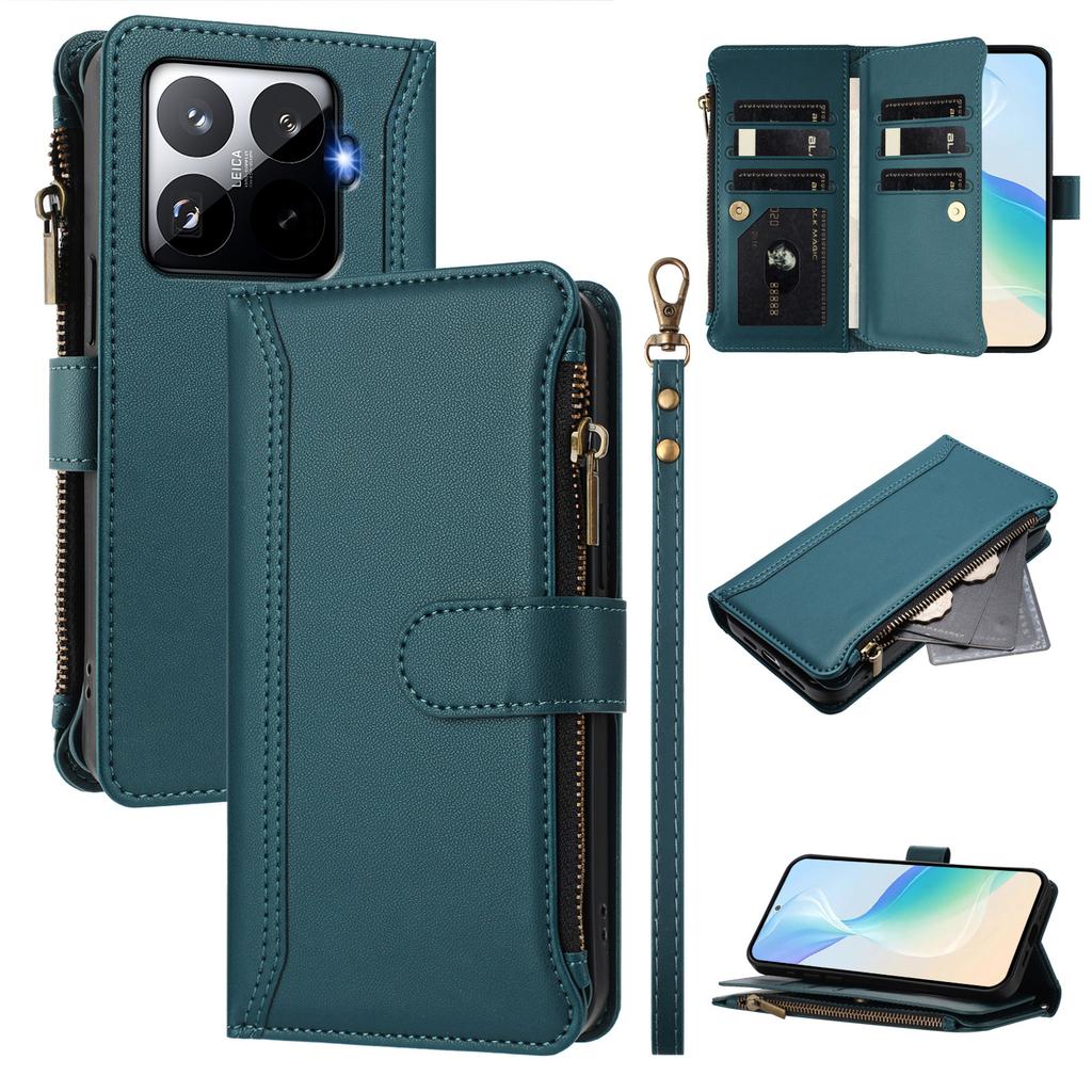 Pro Xiaomi 15T Pro Kožené pouzdro 9 přihrádek na karty Peněženka na zip Stojánek Kryt na telefon s poutkem na zápěstí