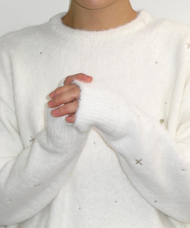 RONRON Hairy Pearl Embroidery Knit White