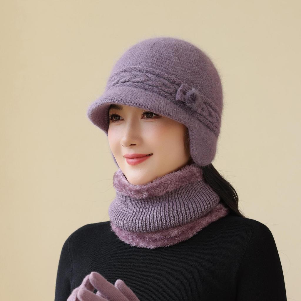 Hat Winter Knitted Rabbit Fur Scarf Set Mom Middle-aged Old Lady Home Lover Cold Protection Grandma