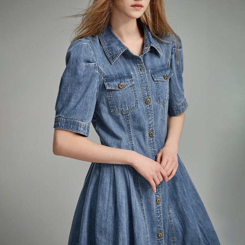 Demana Women's Lapel Puff Sleeve Pleated Denim Dress