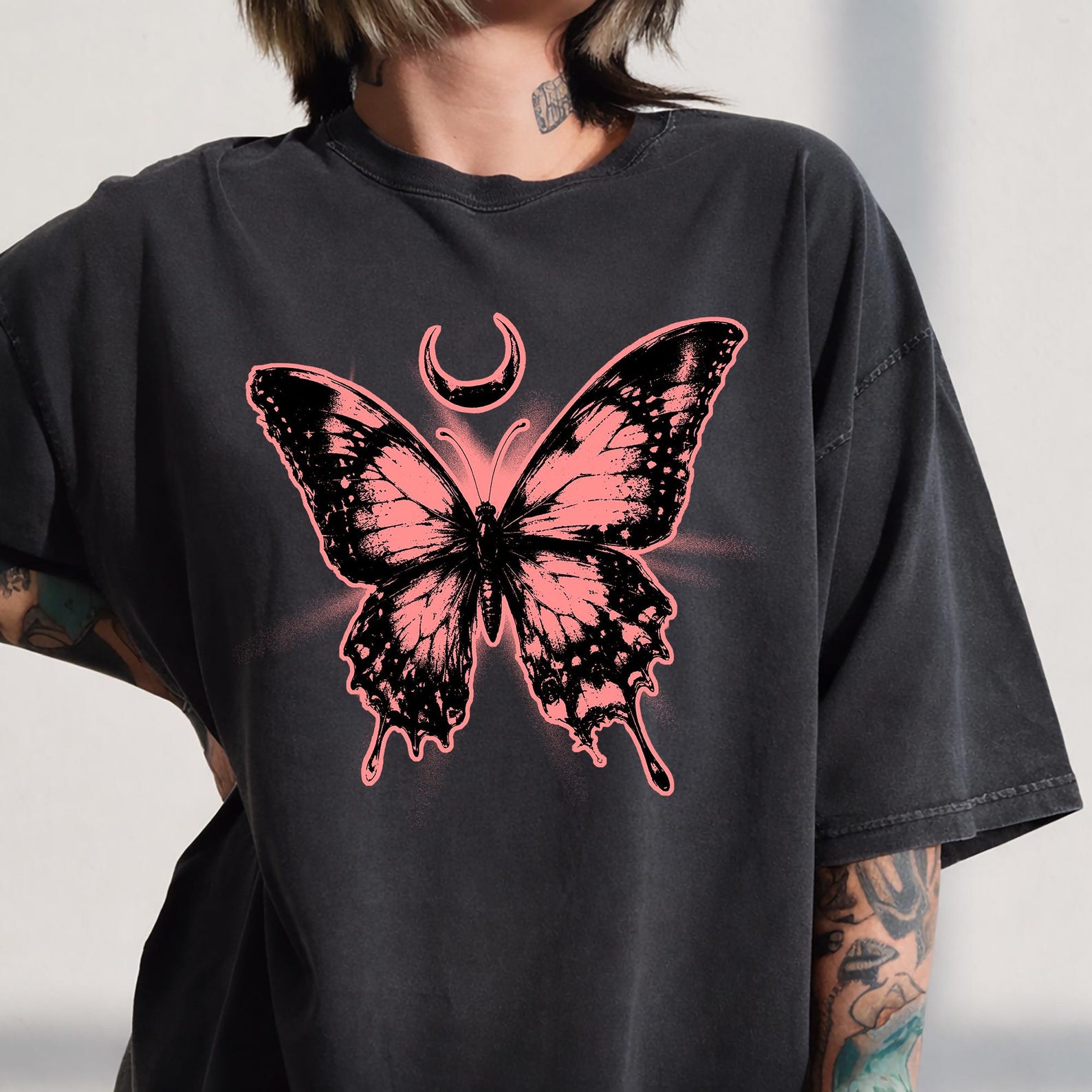 Pink Butterfly Graphic Tee, Gothic Aesthetic Butterfly Shirt, Retro Moon Nature Tshirt, Cottagecore Boho Gift For Women M