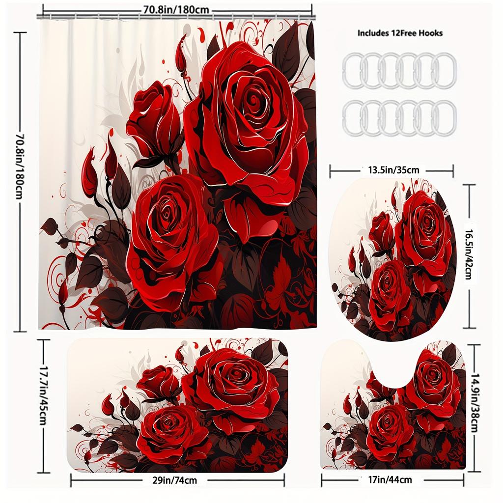 4Pcs Luxury Red Rose Shower Curtain Sets Waterproof for Bathroom Non-Slip Bathroom Rugs Lid Toilet Cover Bath Mat Bathroom Set