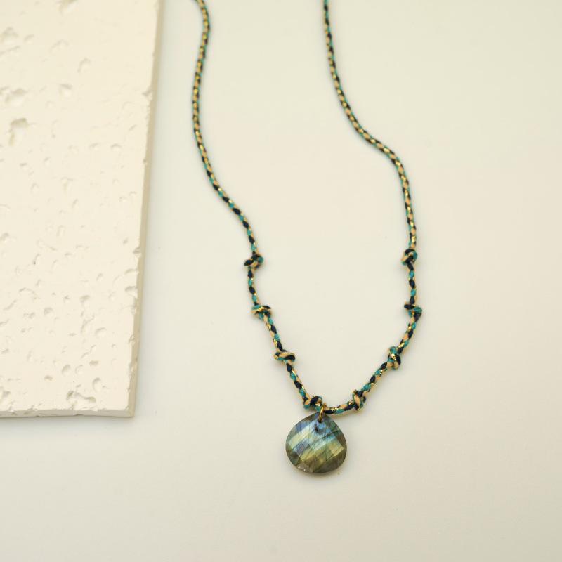 Elegant Blue Braided Rope Labradorite Necklace with Stainless Steel and Natural Stone Pendant