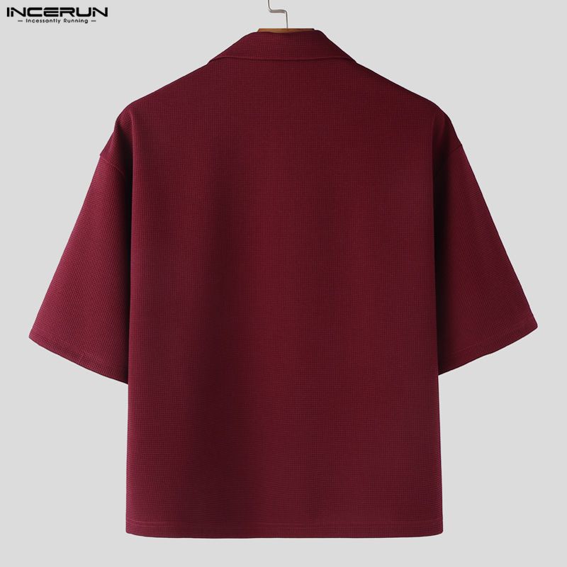 INCERUN Summer Men Lapel Neck Short Sleeve Vintage Knot Casual Shirts Tops