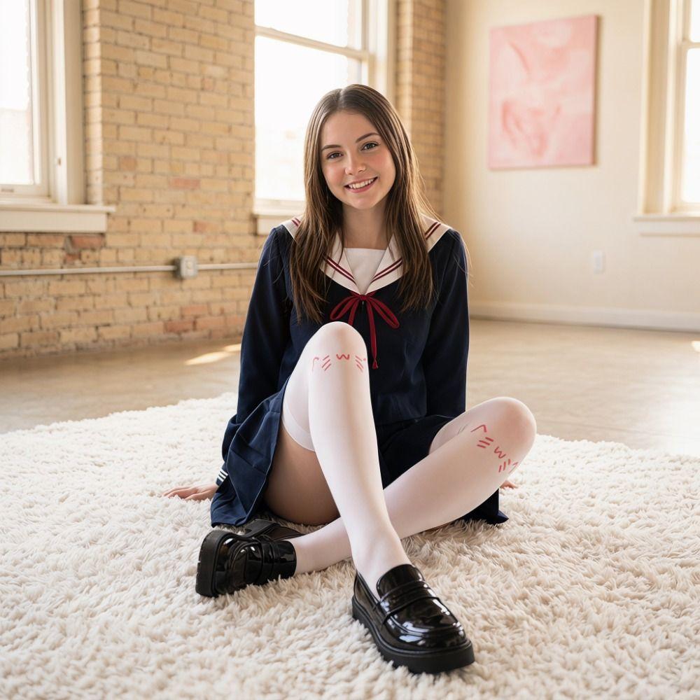 Printed Design Kawaii Stockings Cat Ear Thigh High Stockings Elastic Knee High Socks Coser