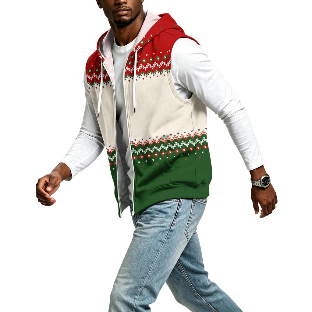 Men's Hooded Sleeveless Zip Up Vest with Christmas Print Casual Holiday Celebration Outfit