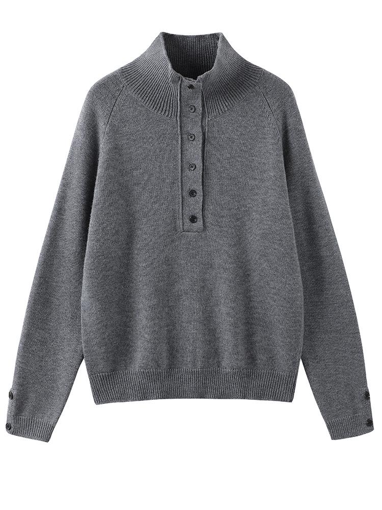 Women's 100% Wool Korean-Style Knit Sweater - Button Half-Open Stand Collar, Loose, Thickened for Autumn/Winter