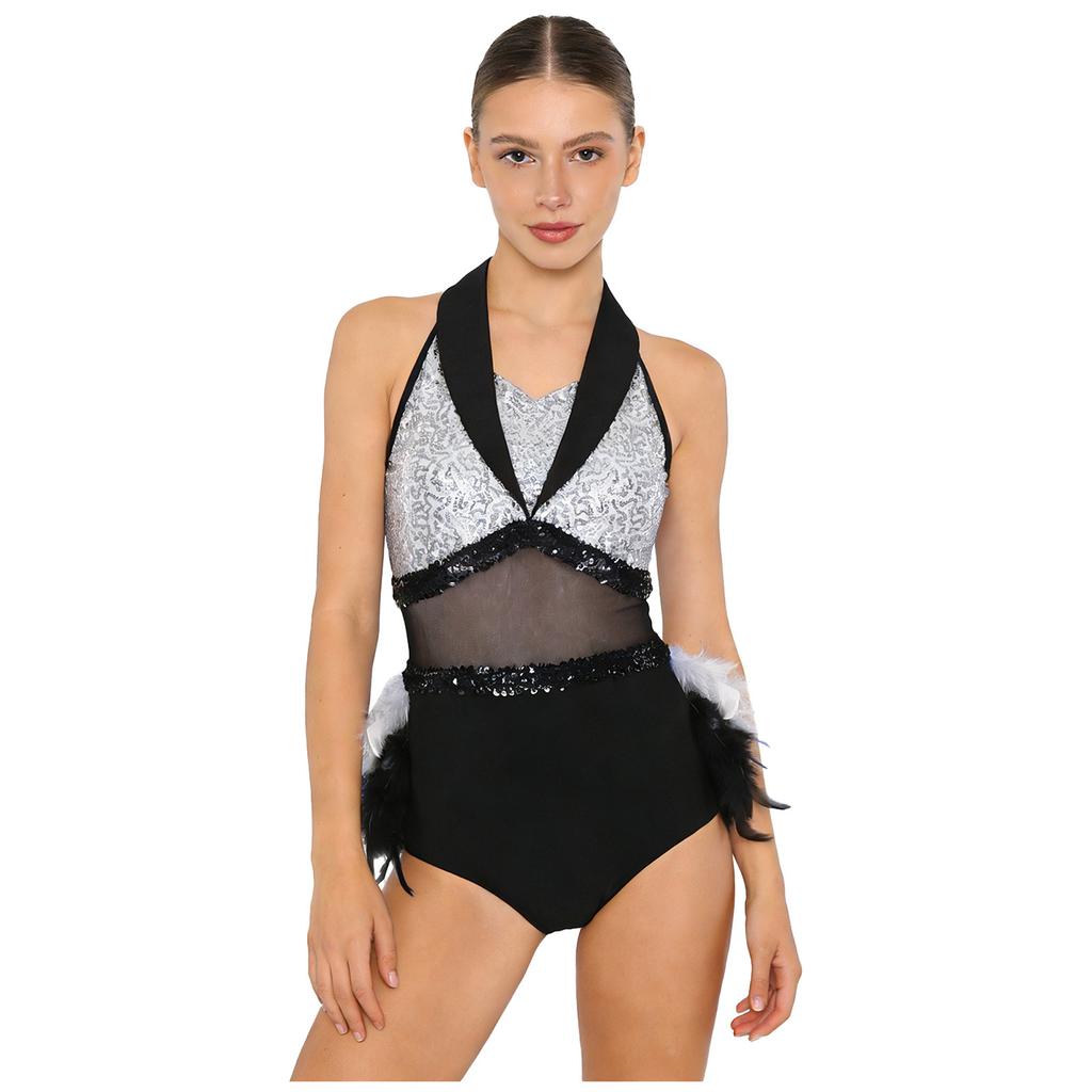 Damen Glitzernder Pailletten Farbblock Body Netz-Taille Feder Saum Ärmelloser Cutout Leotard