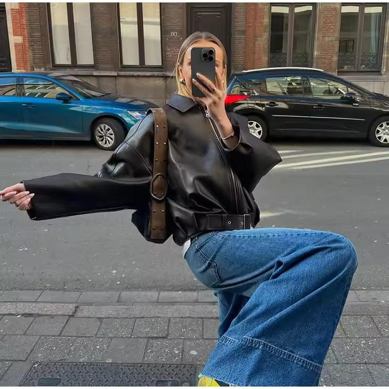 Vintage PU Leather Bomber Jackets Autumn Ladies Zipper Lapel Long Sleeve Pocket Coat With Belt Women's Loose Streetwear