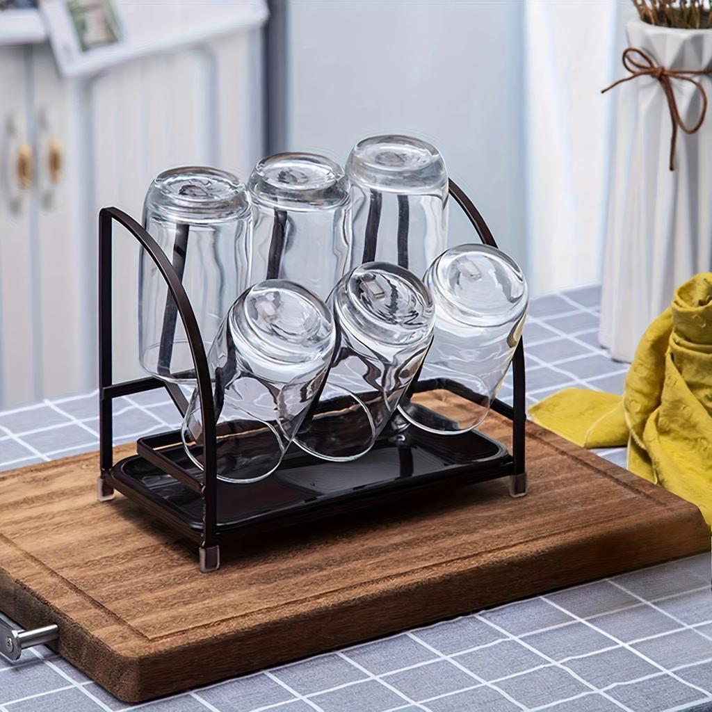 6-Hook Metal Cup Holder with Drip Tray - Sleek Black Mug Organizer for Kitchen Countertop, Space-Saving Glass Rack with Storage